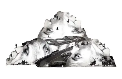 Mogul Men, Mountains, Humanity, mixed media collage by Abby Segal, Chicago collage artist