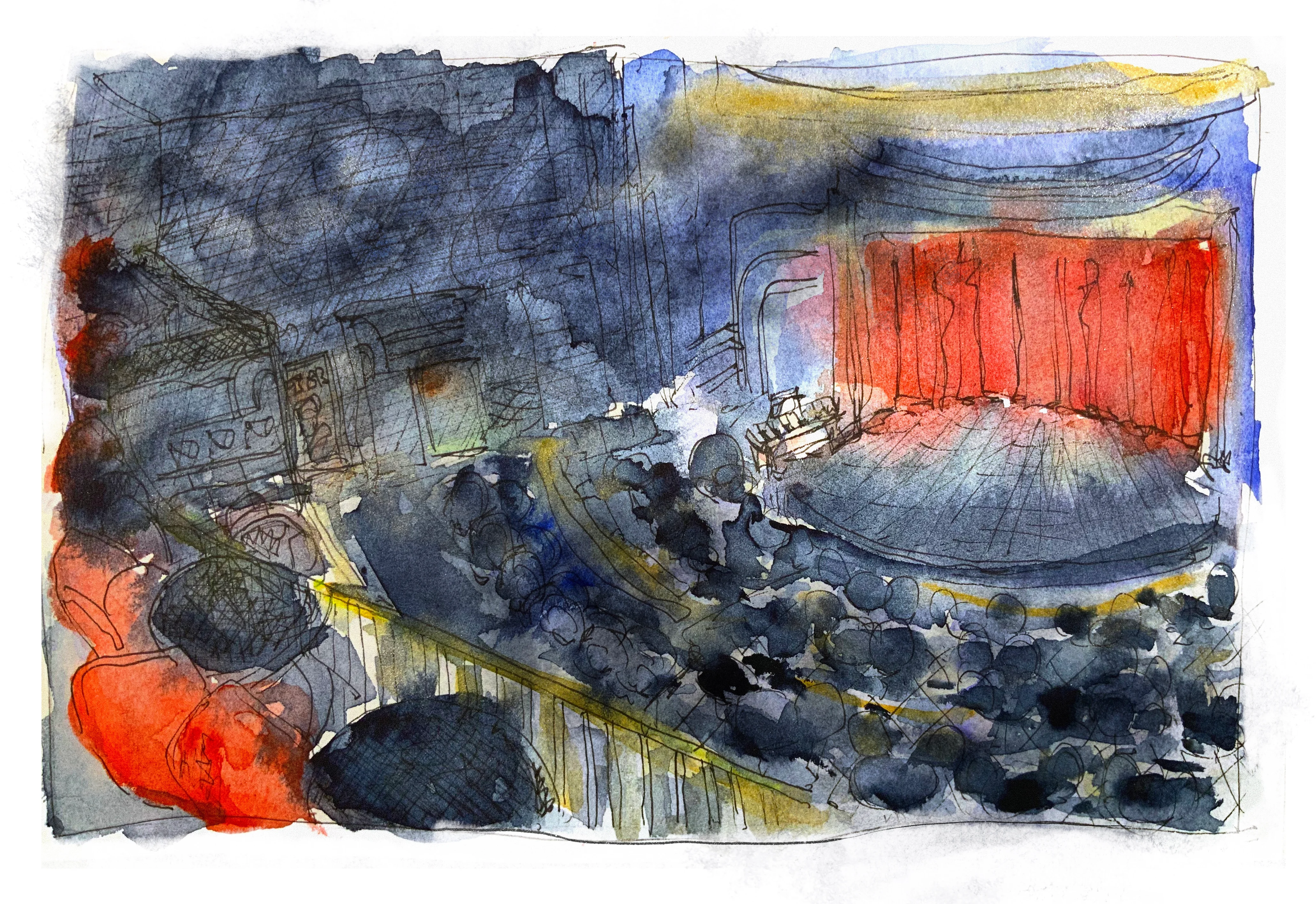 Watercolor of the Chicago Magic Lounge by Abby Segal — red stage curtain
